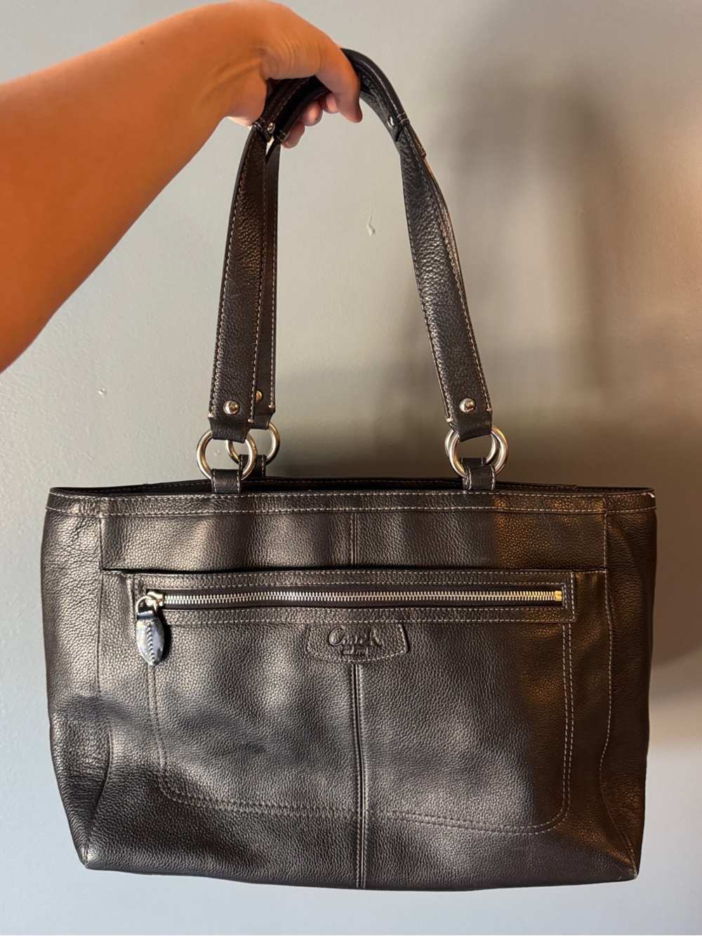 Coach Black Leather Shoulder Tote with Front Zip Pocket